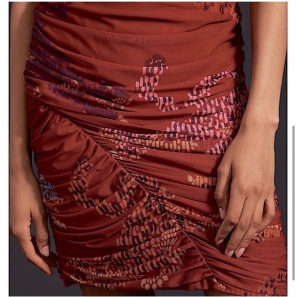 NWT Farm Rio for Anthropologie Ruched Mesh Mini Skirt Red Abstract Sz XXS - Picture 2 of 16